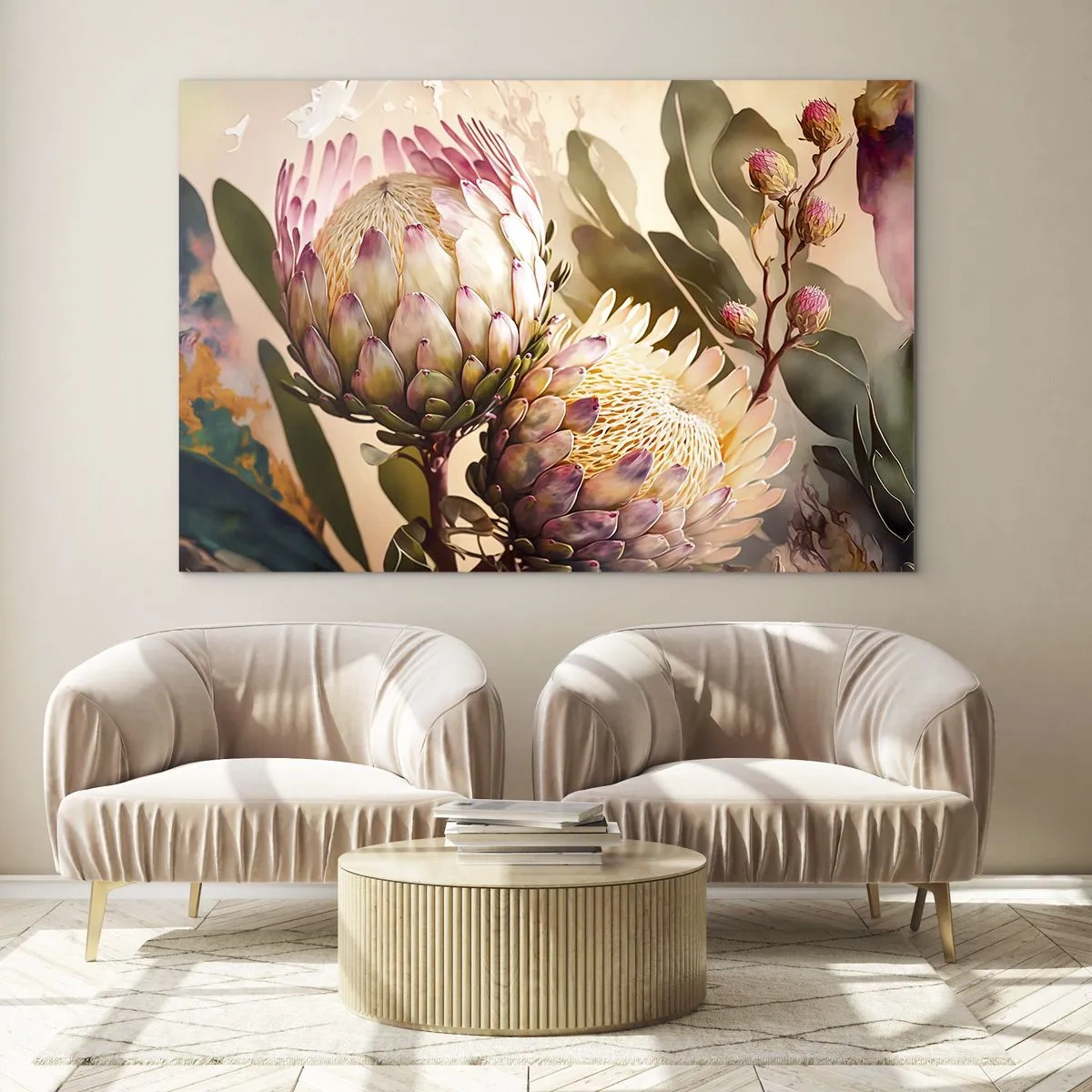 Glasbild - Bild auf glas - Protea-Blüten in warmen Tönen und sanftem Licht - 100x70cm - Zärtlich umarmt - Moderne Wanddekoration für Wohnzimmer und Schlafzimmer ARTTOR