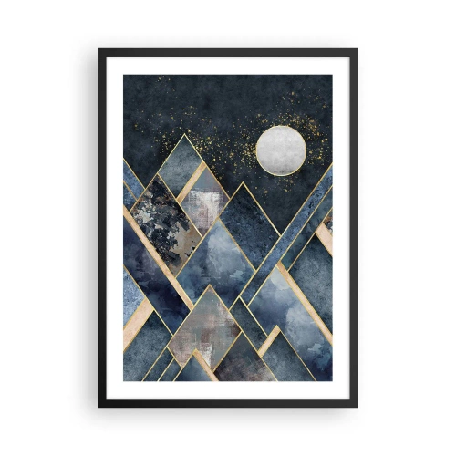 Poster in einem schwarzem Rahmen - Geometrische Berge in Marineblau- und Goldtönen - 50x70cm - Geometrische Landschaft - Moderne Wanddekoration für Wohnzimmer und Schlafzimmer ARTTOR
