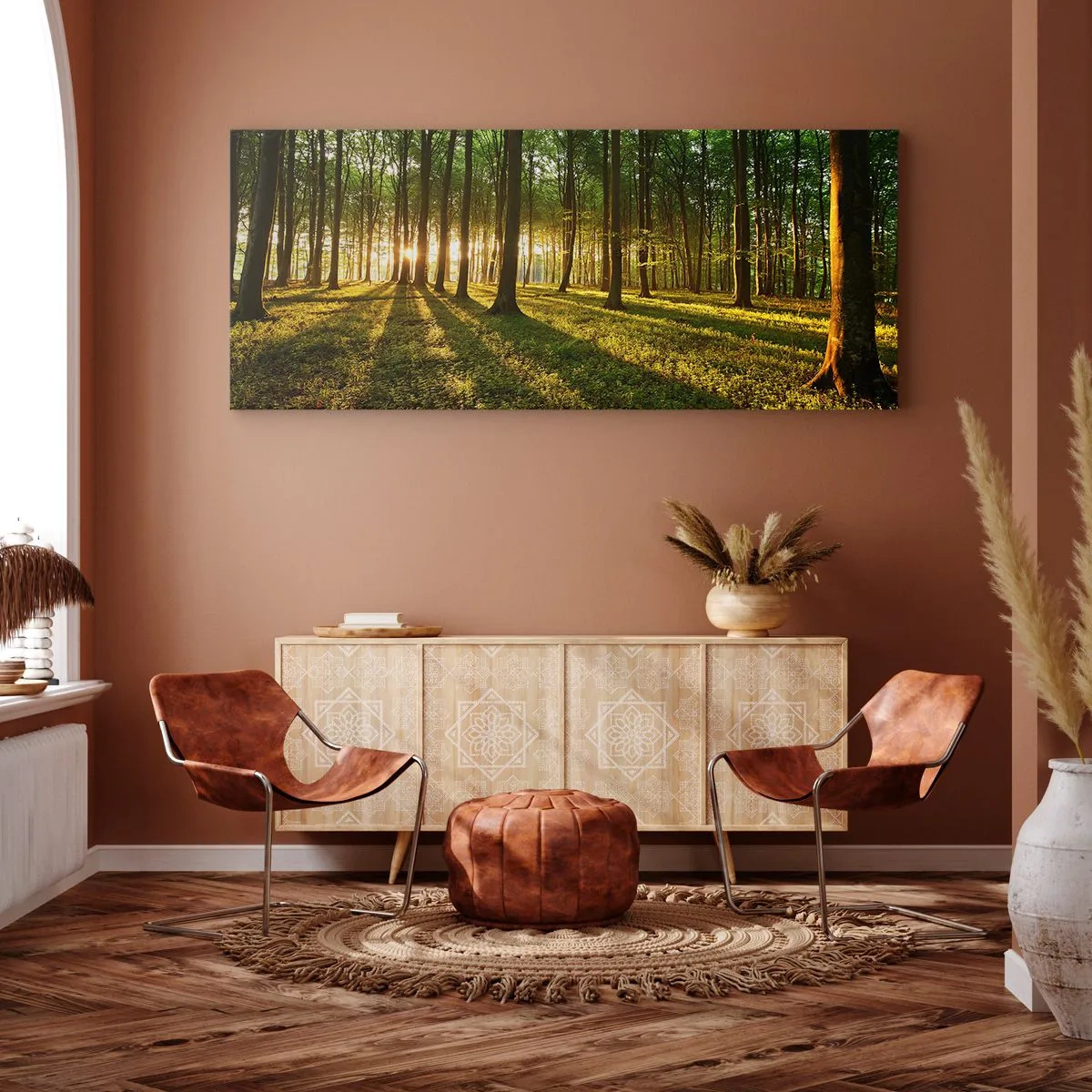Bild auf Leinwand - Leinwandbild - Die untergehende Sonne im Laubwald - 140x50cm - Alle Frühlingsfotografie - Moderne Wanddekoration für Wohnzimmer und Schlafzimmer ARTTOR