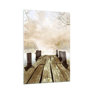 Glasbild - Bild auf glas - Ein Holzsteg über einem ruhigen See im Nebel - 50x70cm - Die milde Traurigkeit des Herbstes - Moderne Wanddekoration für Wohnzimmer und Schlafzimmer ARTTOR