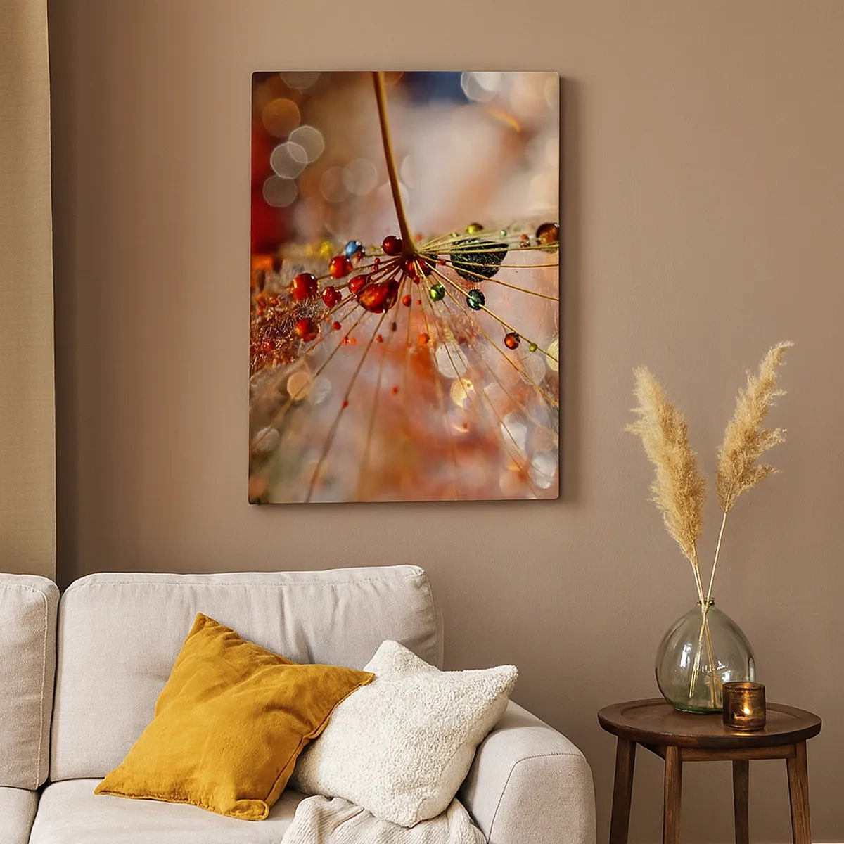 Bild auf Leinwand - Leinwandbild - Makrofotografie eines Wassertropfens auf einer zarten Pflanze - 50x70cm - Auf einem Spinnenfaden aufgefädelt - Moderne Wanddekoration für Wohnzimmer und Schlafzimmer ARTTOR