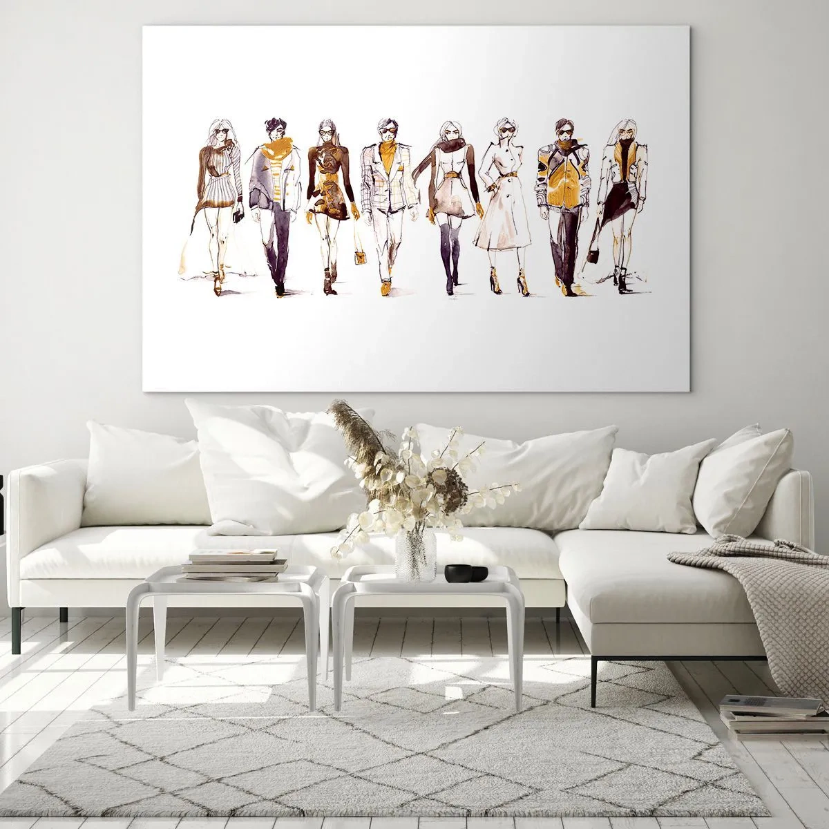 Glasbild - Bild auf glas - Gruppe modischer Charaktere im Skizzenstil auf weißem Hintergrund - 120x80cm - Lässiger Chic, lässige Eleganz - Moderne Wanddekoration für Wohnzimmer und Schlafzimmer ARTTOR