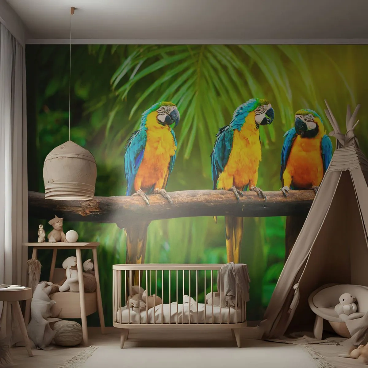 Fototapete Premium Sand - Drei bunte Ara-Papageien auf einem Ast in einem tropischen Wald - 100x70cm - Und hast du gehört, dass sie ...? - Moderne Wanddekoration für Wohnzimmer und Schlafzimmer ARTTOR