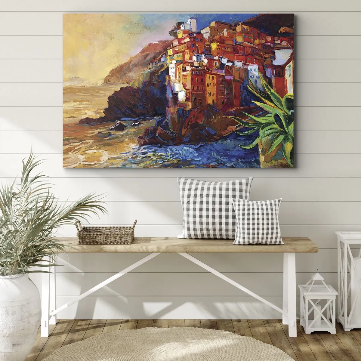 Bild auf Leinwand - Leinwandbild - Bunte Häuser auf einer Klippe über dem Meer - 70x50cm - Italienische Atmosphäre - Moderne Wanddekoration für Wohnzimmer und Schlafzimmer ARTTOR