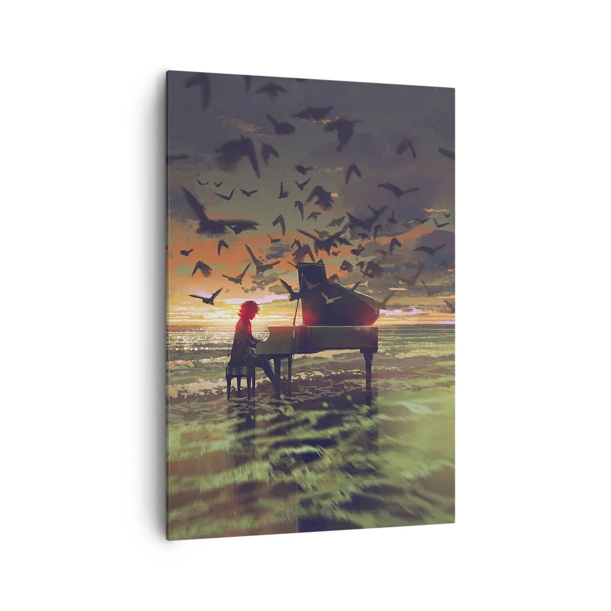 Bild auf Leinwand - Leinwandbild - Ein Klavier am Meeresufer bei Sonnenuntergang mit Vögeln - 70x100cm - Konzert für Klavier und Wellen - Moderne Wanddekoration für Wohnzimmer und Schlafzimmer ARTTOR