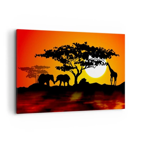 Bild auf Leinwand - Leinwandbild - Afrikanischer Sonnenuntergang mit Silhouetten von Elefanten und Giraffen über dem Wasser - 120x80cm - Treffen in der Savanne - Moderne Wanddekoration für Wohnzimmer und Schlafzimmer ARTTOR