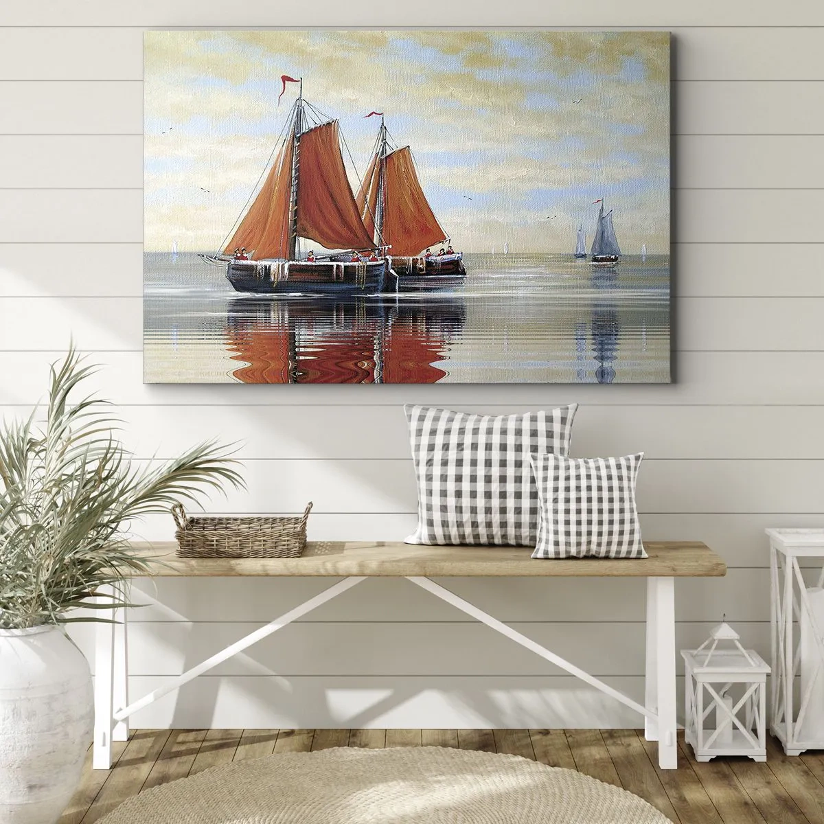 Bild auf Leinwand - Leinwandbild - Zweimast-Segelboote in ruhigem Wasser - 120x80cm - Hey, Segel, Matrose ... - Moderne Wanddekoration für Wohnzimmer und Schlafzimmer ARTTOR