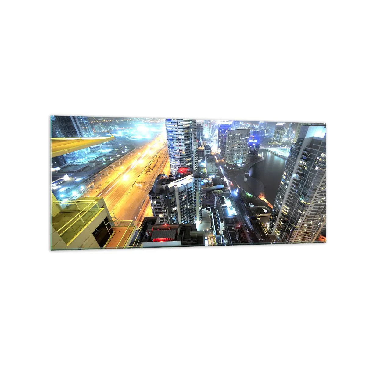 Glasbild - Bild auf glas - Panorama der nächtlichen Stadt mit beleuchteten Wolkenkratzern - 120x50cm - Ein Wunder in der Wüste - Moderne Wanddekoration für Wohnzimmer und Schlafzimmer ARTTOR