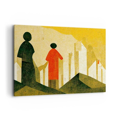 Bild auf Leinwand - Leinwandbild - Geometrische Silhouetten in Rot und Grün auf gelbem Hintergrund - 120x80cm - Es ist noch ein langer Weg - Moderne Wanddekoration für Wohnzimmer und Schlafzimmer ARTTOR