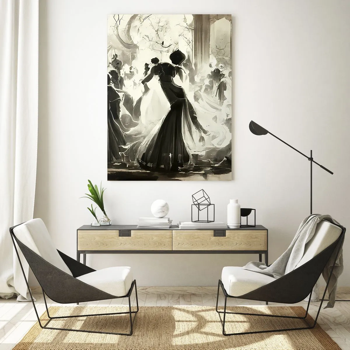 Glasbild - Bild auf glas - Ball im Retro-Stil in Schwarz und Weiß - 80x120cm - Die große Maskerade - Moderne Wanddekoration für Wohnzimmer und Schlafzimmer ARTTOR