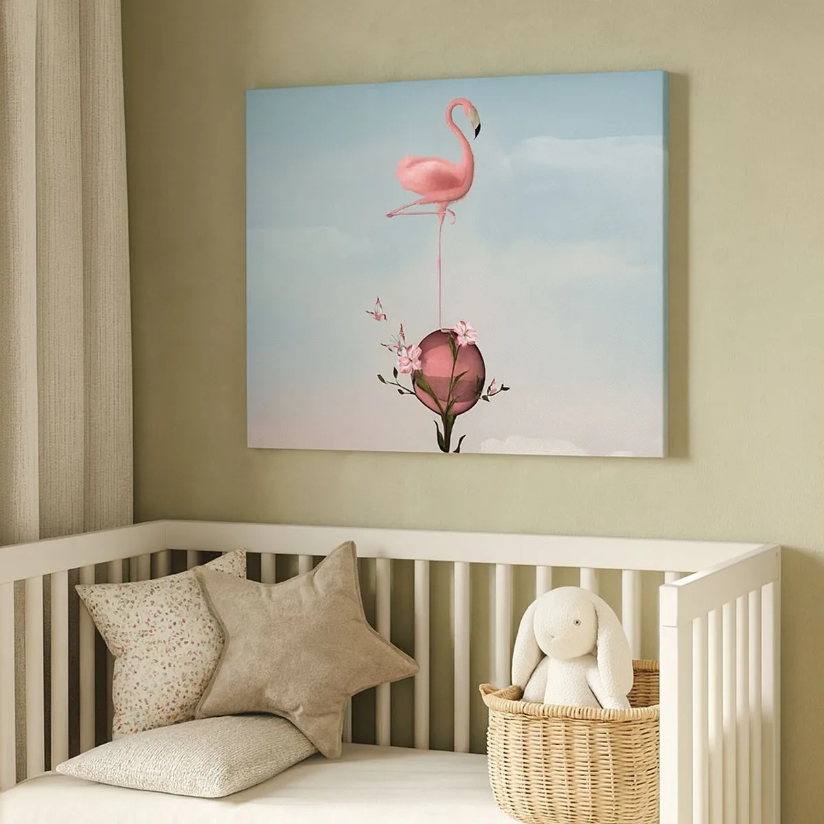Bild auf Leinwand - Leinwandbild - Ein rosa Flamingo balanciert auf einem Blumenball - 70x50cm - Basketball-Allegorie - Moderne Wanddekoration für Wohnzimmer und Schlafzimmer ARTTOR