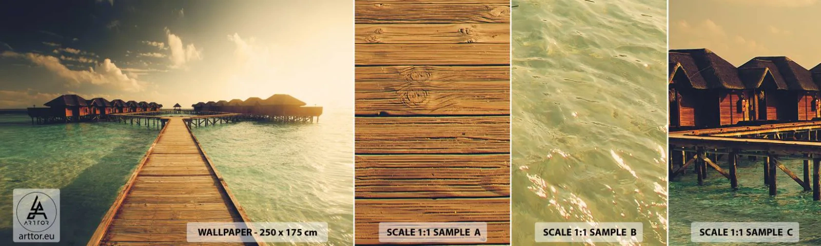 Fototapeten Muster Selbstklebend Deluxe Sticker - Eine herzliche Einladung - Malediven, Landschaft, Häuser am Wasser - 100x30 cm