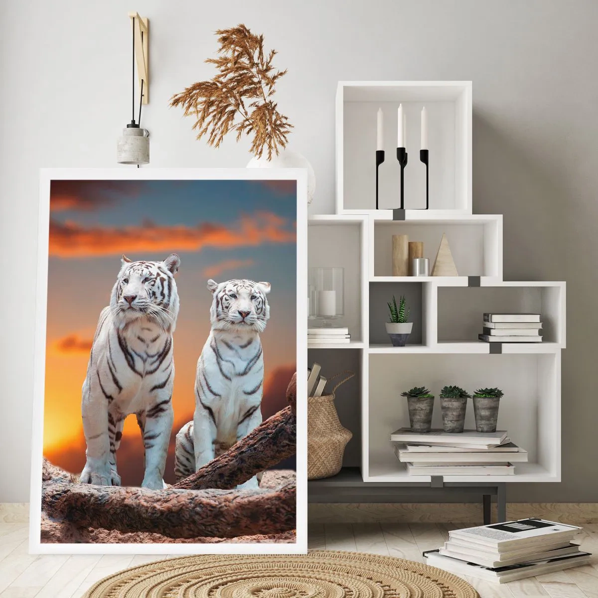 Poster - Weiße Tiger vor der untergehenden Sonne - 50x70cm - Genau wie Narnia - Moderne Wanddekoration für Wohnzimmer und Schlafzimmer ARTTOR