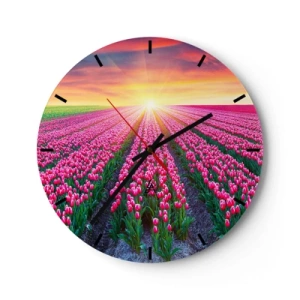 Wanduhr - Glasuhr - Ein Feld mit roten Tulpen bei Sonnenuntergang - 30x30cm - Schönheitsfarm - Moderne Wanddekoration für Wohnzimmer, Küche und Schlafzimmer ARTTOR