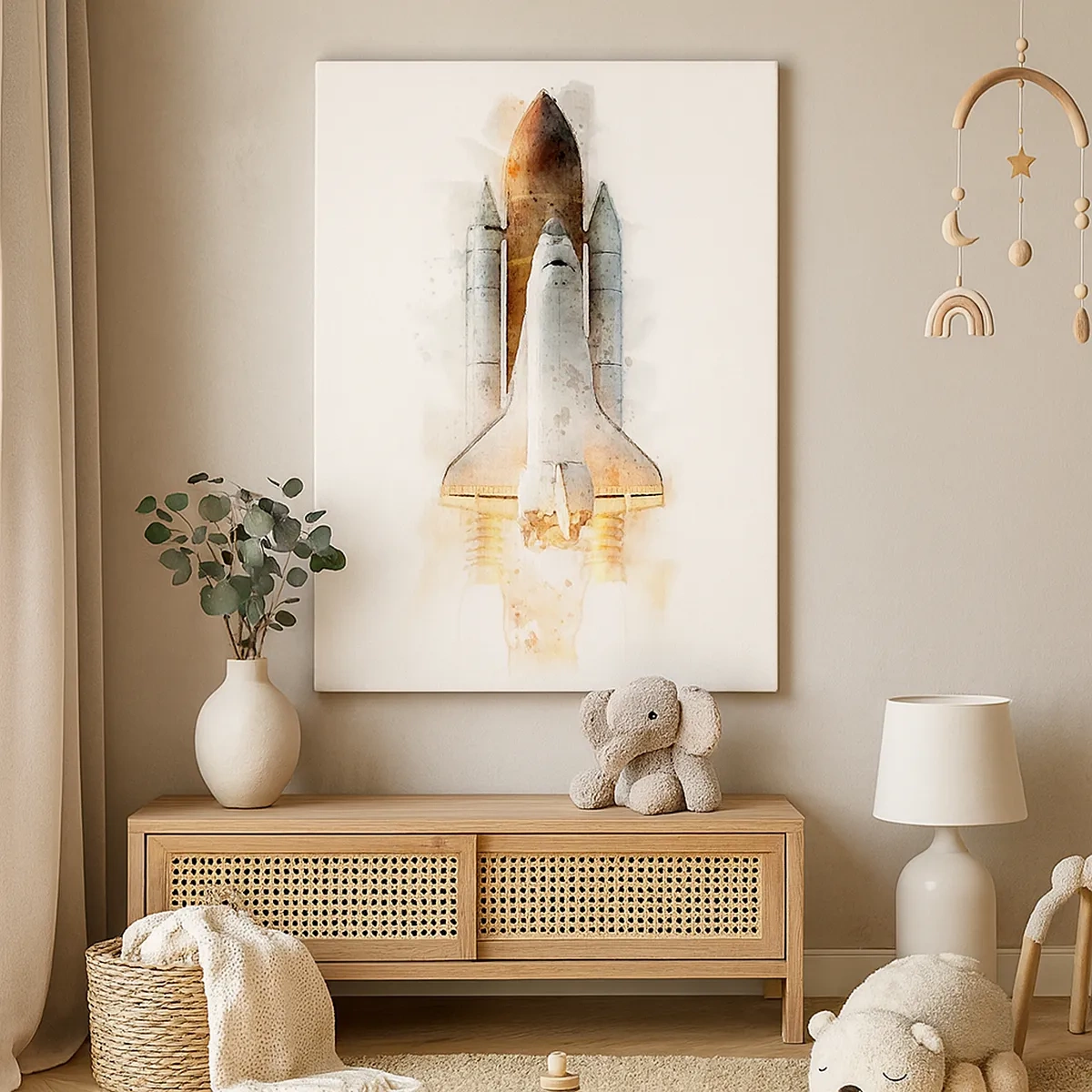 Bild auf Leinwand - Leinwandbild - Eine künstlerische Aquarell-Interpretation eines startenden Space Shuttles - 50x70cm - Entdecker für den Anfang - Moderne Wanddekoration für Wohnzimmer und Schlafzimmer ARTTOR