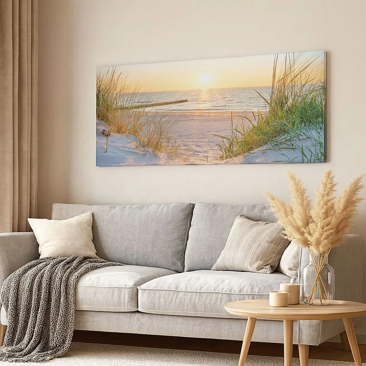 Bild auf Leinwand - Leinwandbild - Das Rauschen des Meeres, der Gesang der Vögel, ein wilder Strand im Gras ... - 100x40 cm