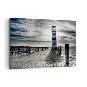 Bild auf Leinwand - Leinwandbild - Leuchtturm auf einem Holzsteg mit Blick auf das Meer. - 120x80cm - Matrosen, ich warte auf euch - Moderne Wanddekoration für Wohnzimmer und Schlafzimmer ARTTOR