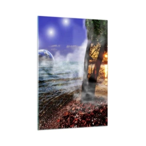 Glasbild - Bild auf glas - Fantastische Landschaft mit Meer, Bäumen und Sonnenuntergang. - 70x100cm - Surreale Landschaft - Einheit der Natur - Moderne Wanddekoration für Wohnzimmer und Schlafzimmer ARTTOR