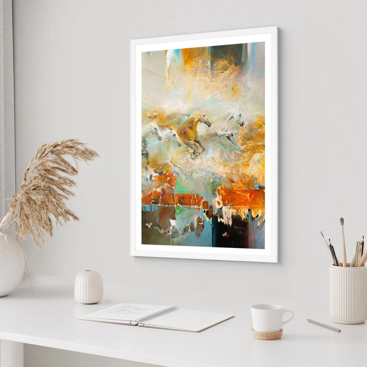 Poster in einem weißen Rahmen - Im Galopp durch das Licht - 70x100 cm
