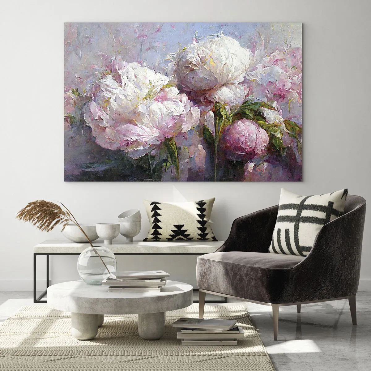 Glasbild - Bild auf glas - Ölgemälde von blühenden weißen und rosa Pfingstrosen - 70x50cm - Strauß voller Leben - Moderne Wanddekoration für Wohnzimmer und Schlafzimmer ARTTOR