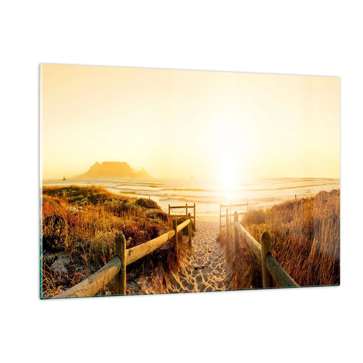 Glasbild - Bild auf glas - Weg über die Düne zum Strand bei Sonnenuntergang - 120x80cm - Über die Düne, der Sonne entgegen - Moderne Wanddekoration für Wohnzimmer und Schlafzimmer ARTTOR