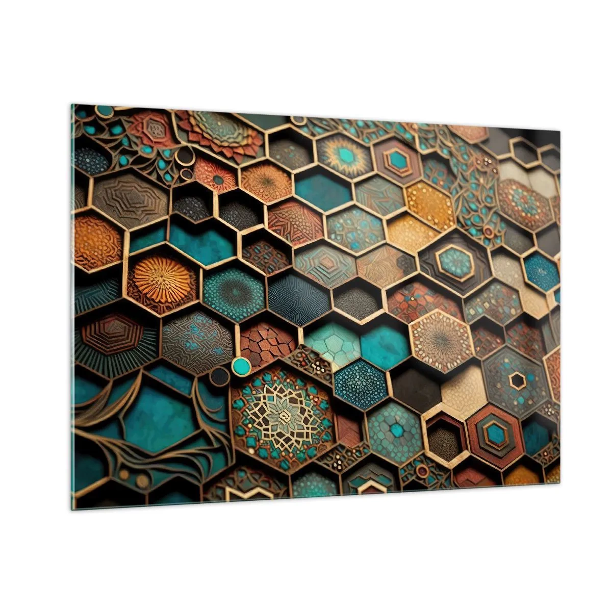 Glasbild - Bild auf glas - Mosaik mit geometrischen Mustern im orientalischen Stil - 100x70cm - Arabische Ornamente – Variation - Moderne Wanddekoration für Wohnzimmer und Schlafzimmer ARTTOR