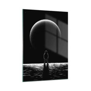 Glasbild - Bild auf glas - Astronaut steht vor einem Planeten in Schwarzweiß - 50x70cm - Angesicht zu Angesicht - Moderne Wanddekoration für Wohnzimmer und Schlafzimmer ARTTOR