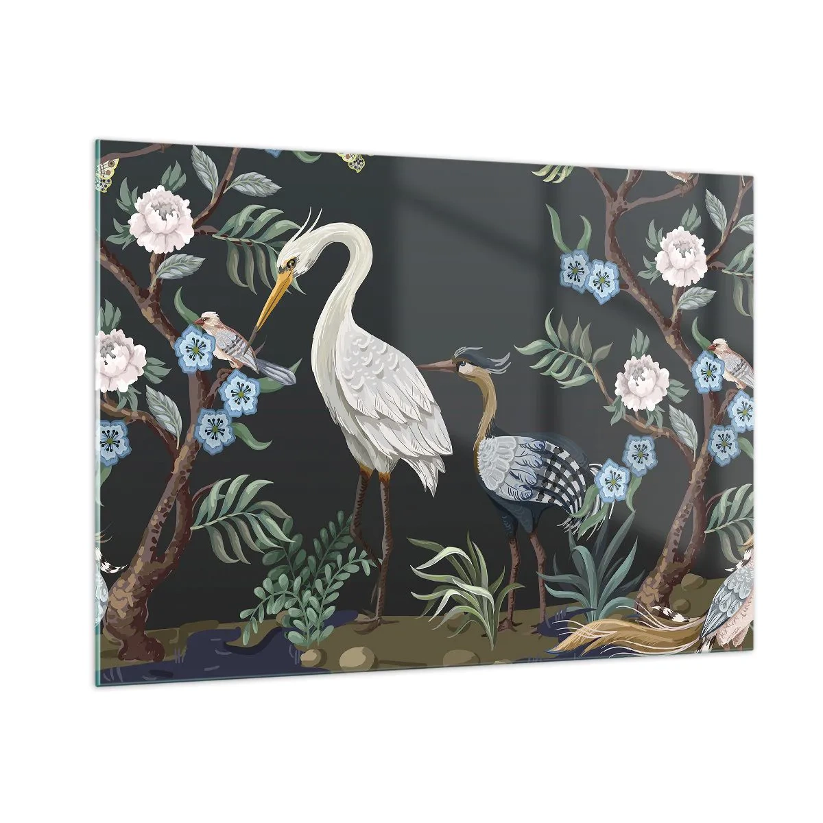 Glasbild - Bild auf glas - Bunte Vögel zwischen blühenden Zweigen vor dunklem Hintergrund - 100x70cm - Vogelparade - Moderne Wanddekoration für Wohnzimmer und Schlafzimmer ARTTOR