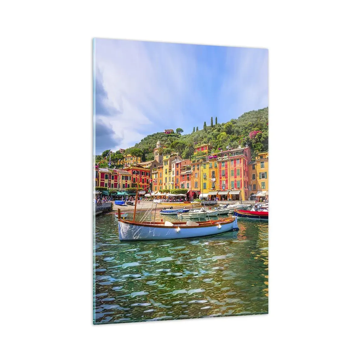 Glasbild - Bild auf glas - Bunte Stadthäuser und Boote in einer italienischen Küstenstadt - 80x120cm - Italienischer Morgen - Moderne Wanddekoration für Wohnzimmer und Schlafzimmer ARTTOR