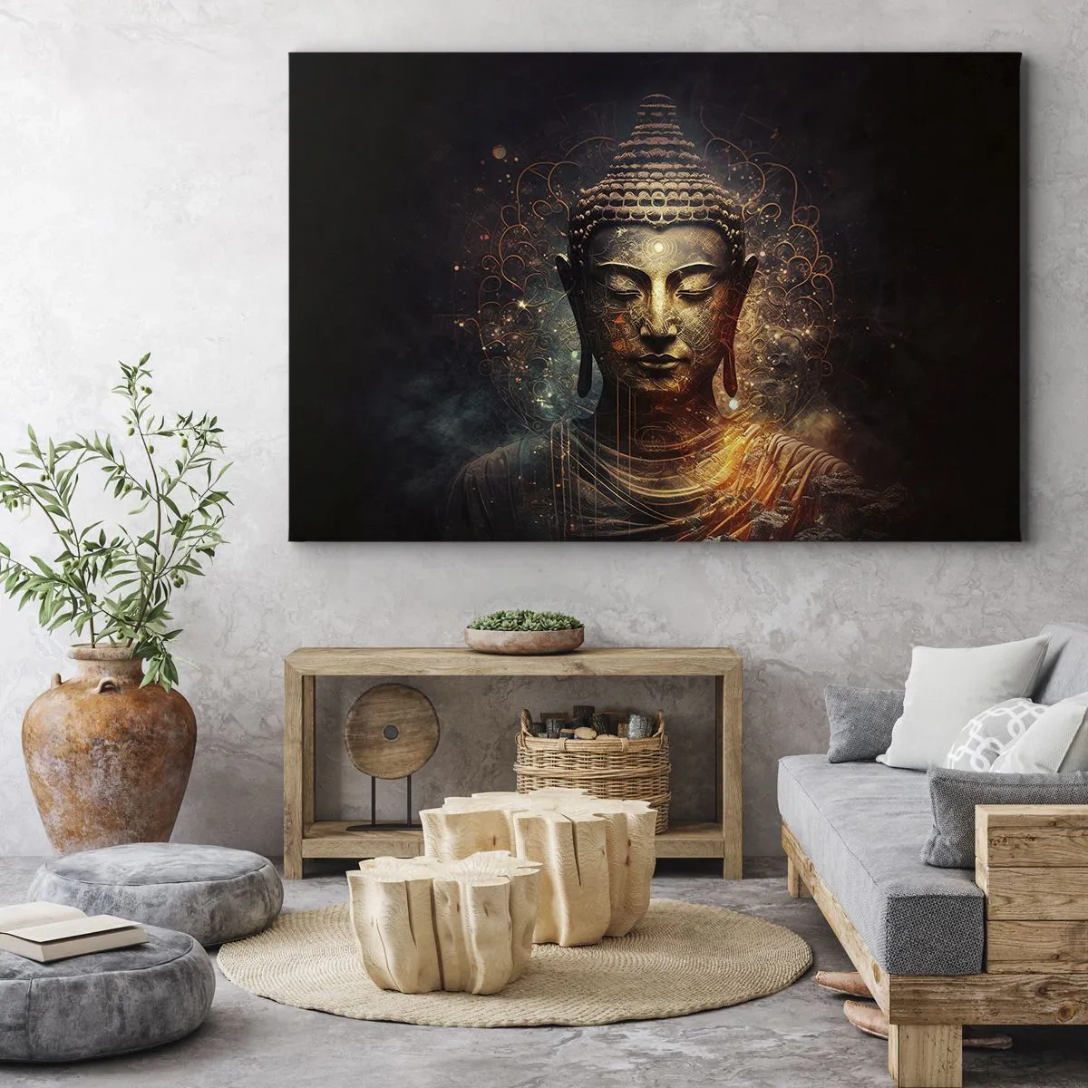 Bild auf Leinwand - Leinwandbild - Goldener Buddha auf dunklem Hintergrund mit Ornamenten - 100x70cm - Spirituelles Gleichgewicht - Moderne Wanddekoration für Wohnzimmer und Schlafzimmer ARTTOR