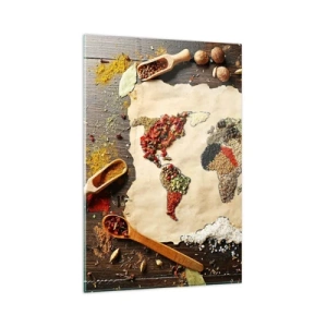 Glasbild - Bild auf glas - Eine Weltkarte aus Gewürzen auf einem hölzernen Hintergrund. - 80x120cm - Alle Aromen der Welt - Moderne Wanddekoration für Wohnzimmer und Schlafzimmer ARTTOR