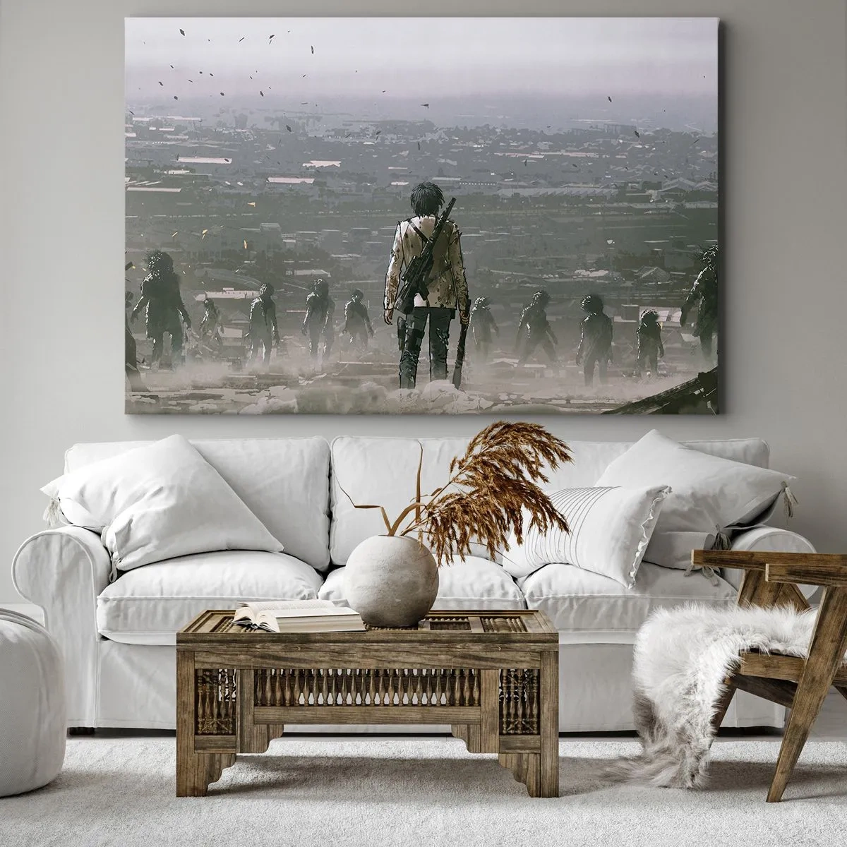 Bild auf Leinwand - Leinwandbild - Eine Gestalt mit einer Waffe steht vor einer Gruppe in einer dystopischen Landschaft. - 70x50cm - Letzter Gerechter? - Moderne Wanddekoration für Wohnzimmer und Schlafzimmer ARTTOR