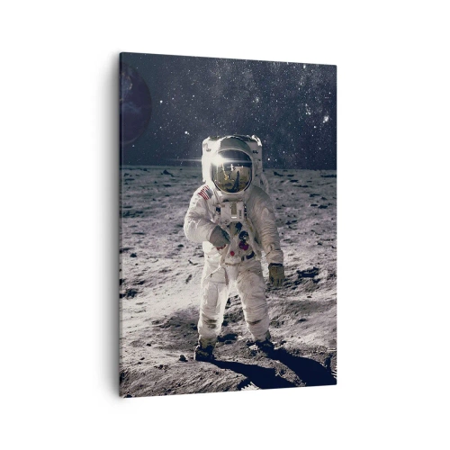 Bild auf Leinwand - Leinwandbild - Astronaut auf der Mondoberfläche mit der Erde im Hintergrund - 50x70cm - Grüße vom Mond - Moderne Wanddekoration für Wohnzimmer und Schlafzimmer ARTTOR