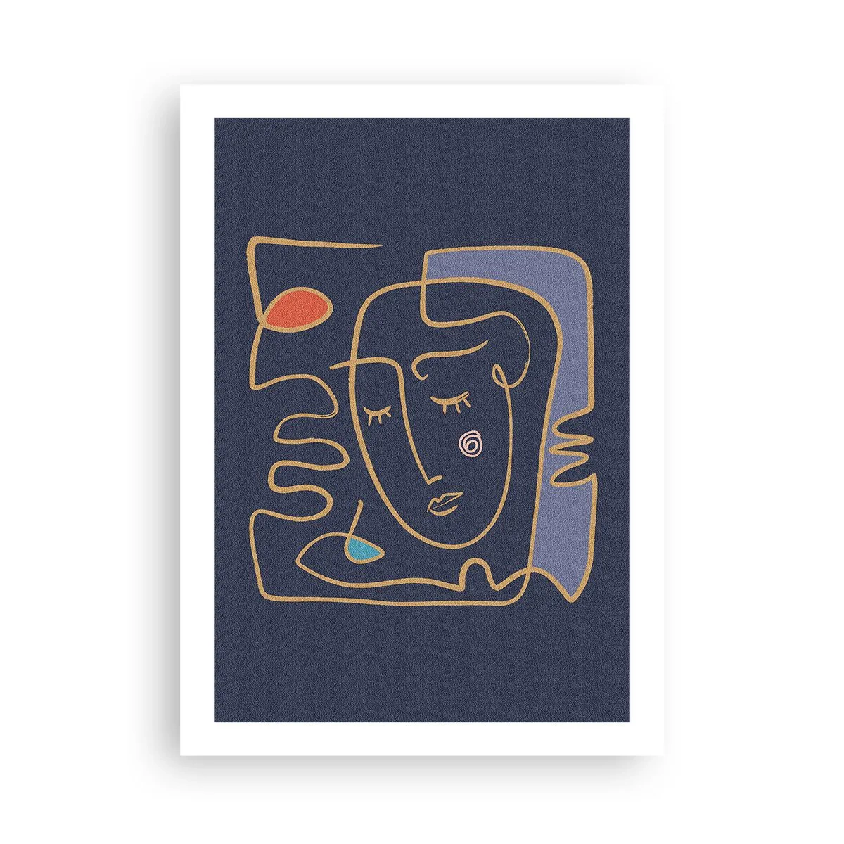 Poster - Minimalistisches abstraktes Gesicht auf marineblauem Hintergrund im Line-Art-Stil - 50x70cm - In Gedanken - Moderne Wanddekoration für Wohnzimmer und Schlafzimmer ARTTOR