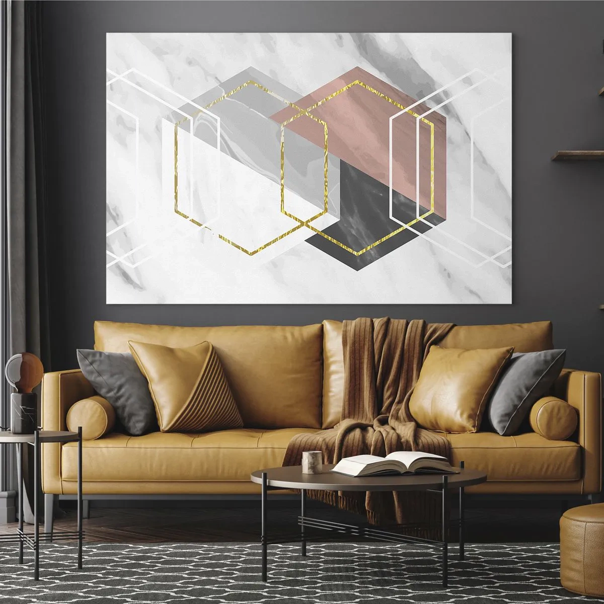 Glasbild - Bild auf glas - Goldene geometrische Formen auf Marmorhintergrund - 100x70cm - Kettenkomposition - Moderne Wanddekoration für Wohnzimmer und Schlafzimmer ARTTOR