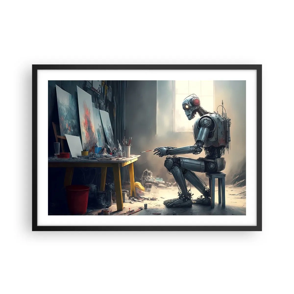 Poster in einem schwarzem Rahmen - Ein Roboter malt ein Bild in einem Kunstatelier - 70x50cm - Schöpfungsakt - Moderne Wanddekoration für Wohnzimmer und Schlafzimmer ARTTOR