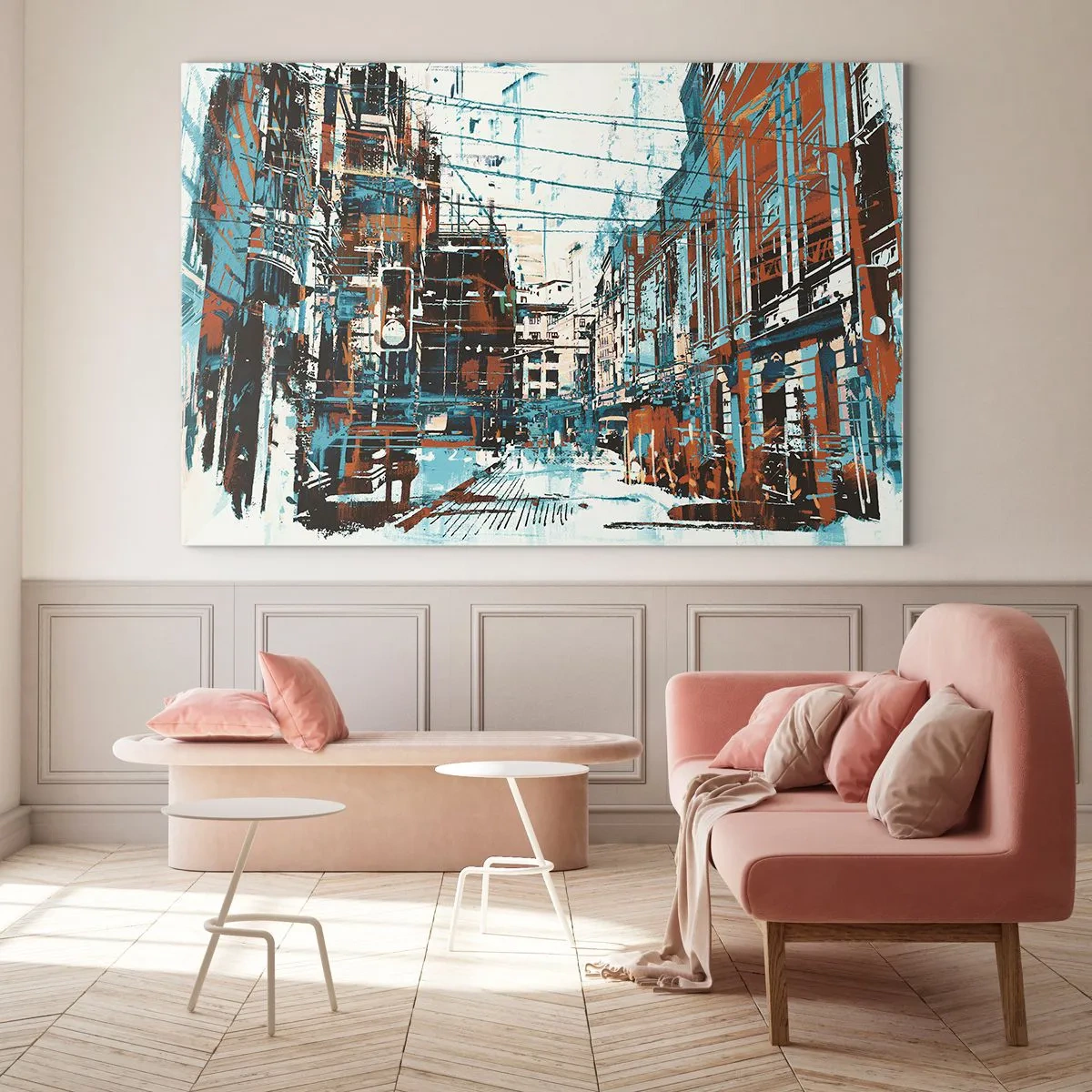 Glasbild - Bild auf glas - Eine malerische Stadtstraße in einem künstlerischen, abgenutzten Stil - 100x70cm - Ein abgenutzter Stadtwanderweg - Moderne Wanddekoration für Wohnzimmer und Schlafzimmer ARTTOR
