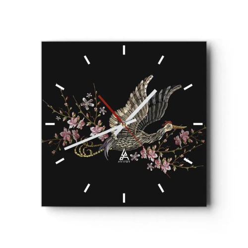 Wanduhr - Glasuhr - Ein Vogel im Flug mit Blumen auf schwarzem Hintergrund - 30x30cm - Exotischer gestickter Vogel - Moderne Wanddekoration für Wohnzimmer und Schlafzimmer ARTTOR