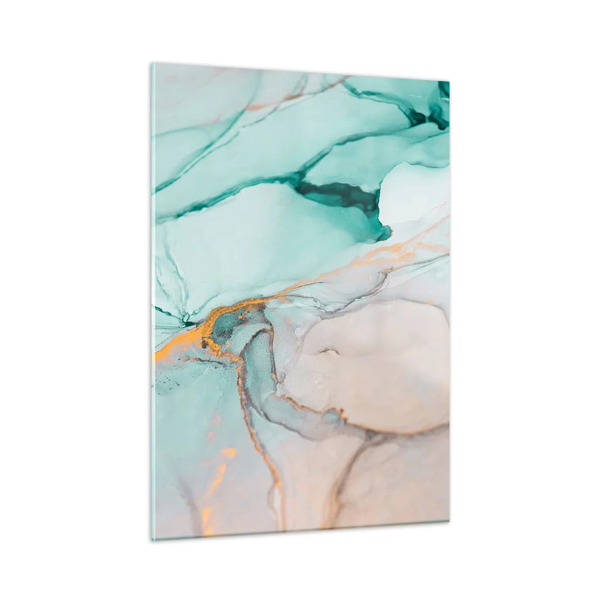 Glasbild - Bild auf glas - Eine abstrakte Komposition in Türkis- und Goldtönen. - 50x70cm - Ein Tanz der Formen und Farben - Moderne Wanddekoration für Wohnzimmer und Schlafzimmer ARTTOR