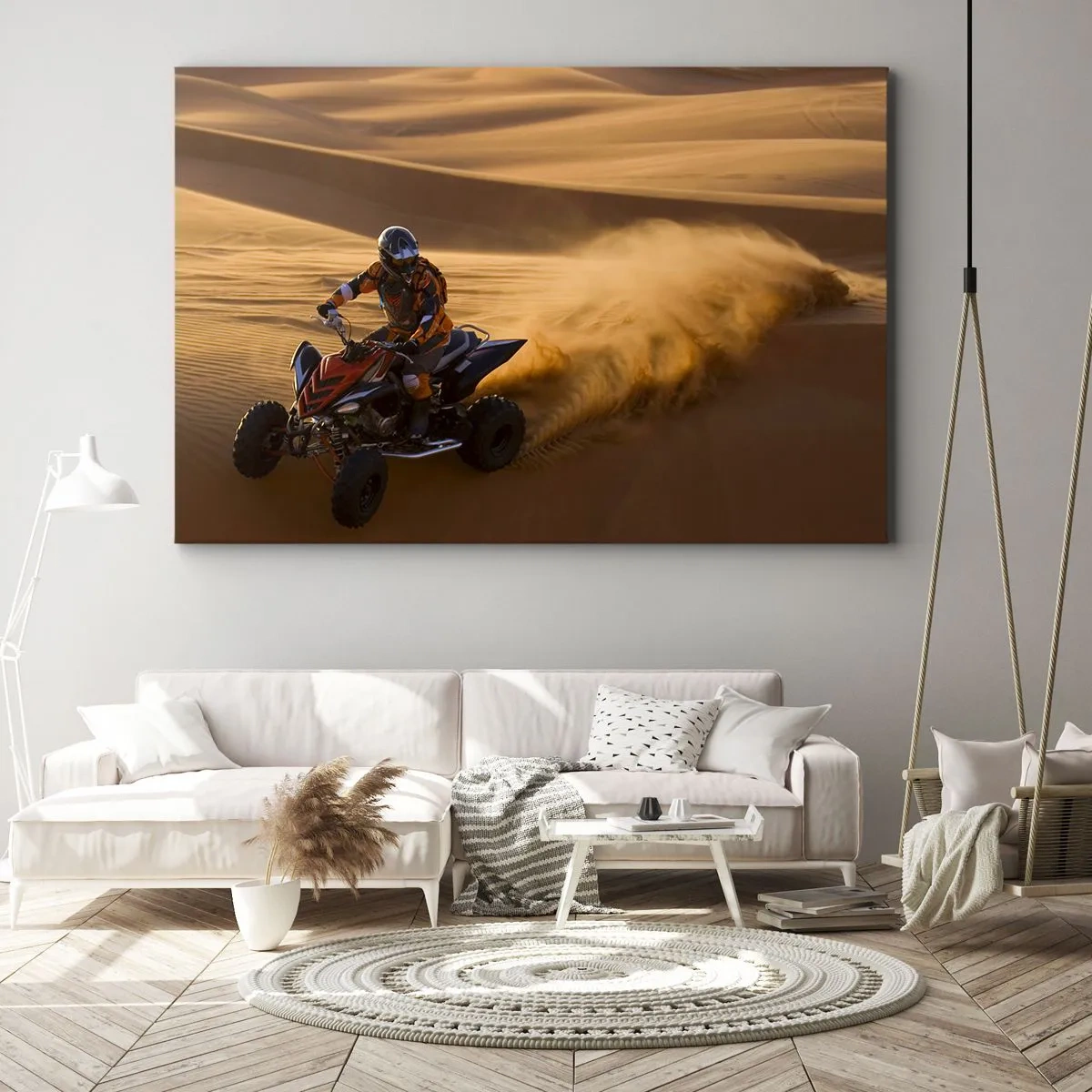 Bild auf Leinwand - Leinwandbild - Ein Motorradfahrer auf einem Quad rast über die Sanddünen der Wüste - 120x80cm - Auf den Sandwellen - Moderne Wanddekoration für Wohnzimmer und Schlafzimmer ARTTOR