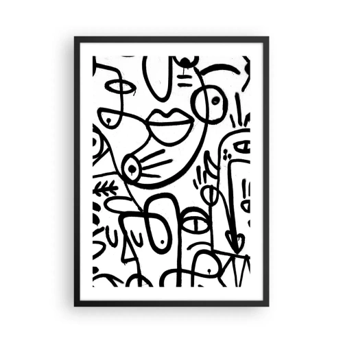 Poster in einem schwarzem Rahmen - Abstrakte schwarze Linien auf weißem Hintergrund - 50x70cm - Gesichter und Luftspiegelungen - Moderne Wanddekoration für Wohnzimmer und Schlafzimmer ARTTOR