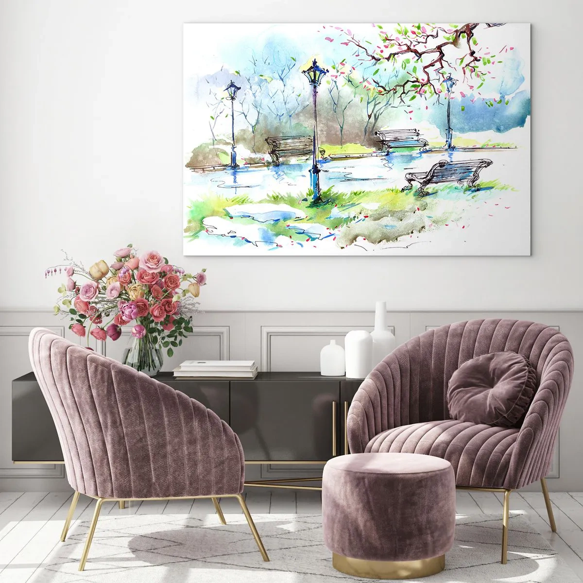 Glasbild - Bild auf glas - Aquarell einer Parkszene mit Bänken und Laternen - 100x70cm - Der Zauber der Stille des Parks - Moderne Wanddekoration für Wohnzimmer und Schlafzimmer ARTTOR