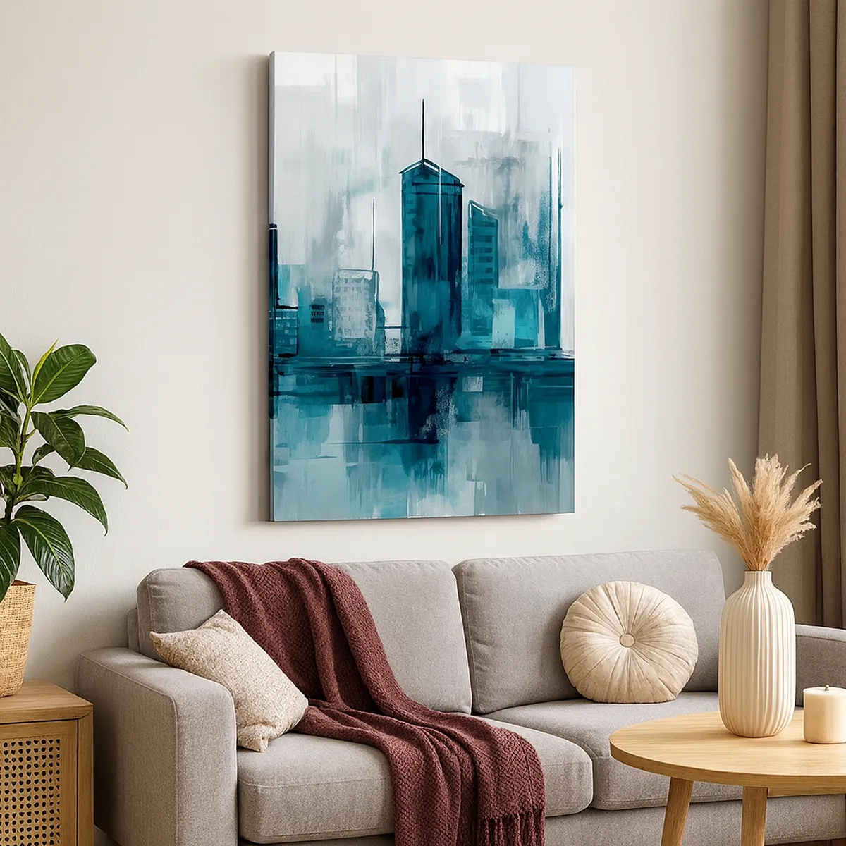 Bild auf Leinwand - Leinwandbild - Eine moderne Stadt in Türkis- und Grautönen - 50x70cm - Eine Stadt in der Farbe des Regens - Moderne Wanddekoration für Wohnzimmer und Schlafzimmer ARTTOR
