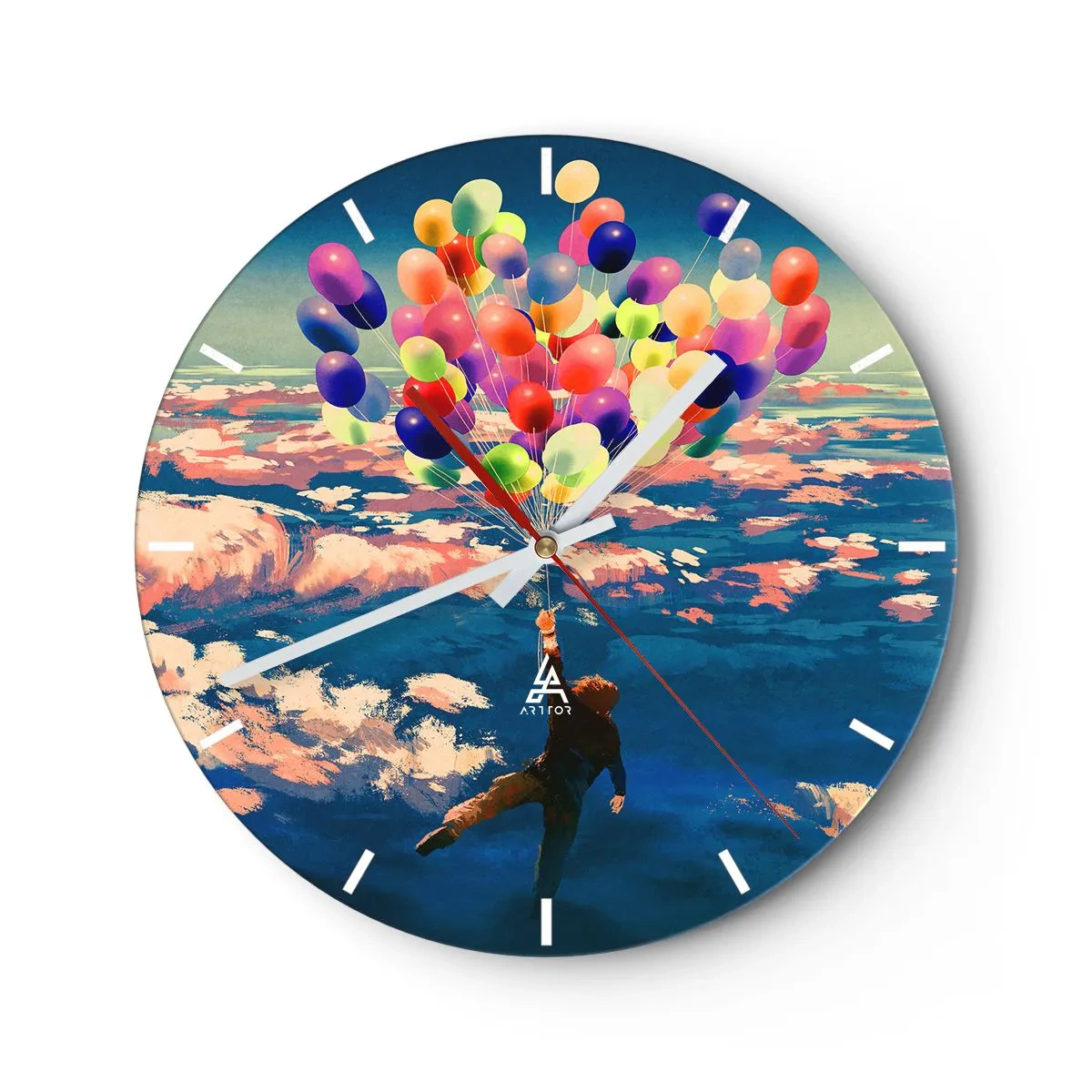 Wanduhr - Glasuhr - Eine Figur, die mit bunten Luftballons in der Luft schwebt - 30x30cm - Ein Kindheitstraum wird wahr - Moderne Wanddekoration für Wohnzimmer, Küche und Schlafzimmer ARTTOR