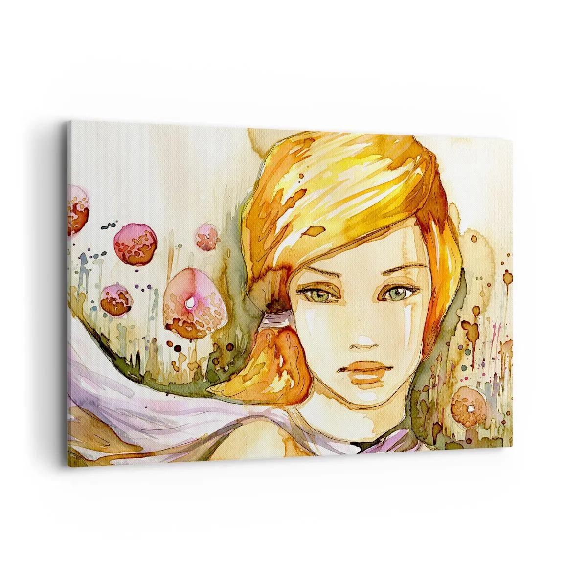 Bild auf Leinwand - Leinwandbild - Porträt einer Frau in Aquarellfarben mit intensivem Blick - 100x70cm - Ein smaragdgrüner Look, der die Wut beruhigt - Moderne Wanddekoration für Wohnzimmer und Schlafzimmer ARTTOR