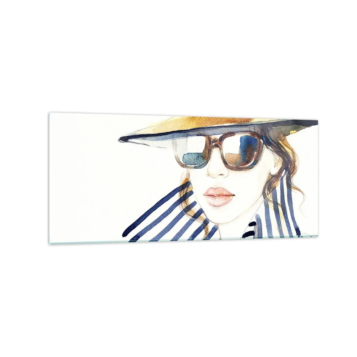 Glasbild - Bild auf glas - Porträt einer Frau mit Hut und Sonnenbrille - 120x50cm - Florida heißt Sie willkommen! - Moderne Wanddekoration für Wohnzimmer und Schlafzimmer ARTTOR