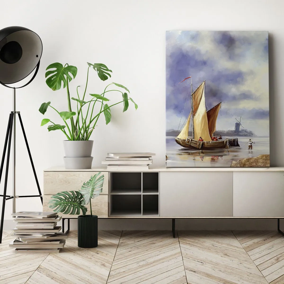 Bild auf Leinwand - Leinwandbild - Segelboote auf ruhigem Wasser mit Windmühlen im Hintergrund - 80x120cm - Die Rückkehr der Seeleute - Moderne Wanddekoration für Wohnzimmer und Schlafzimmer ARTTOR