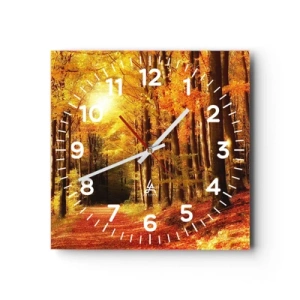 Wanduhr - Glasuhr - Goldener Herbst auf einer Forststraße - 40x40 cm