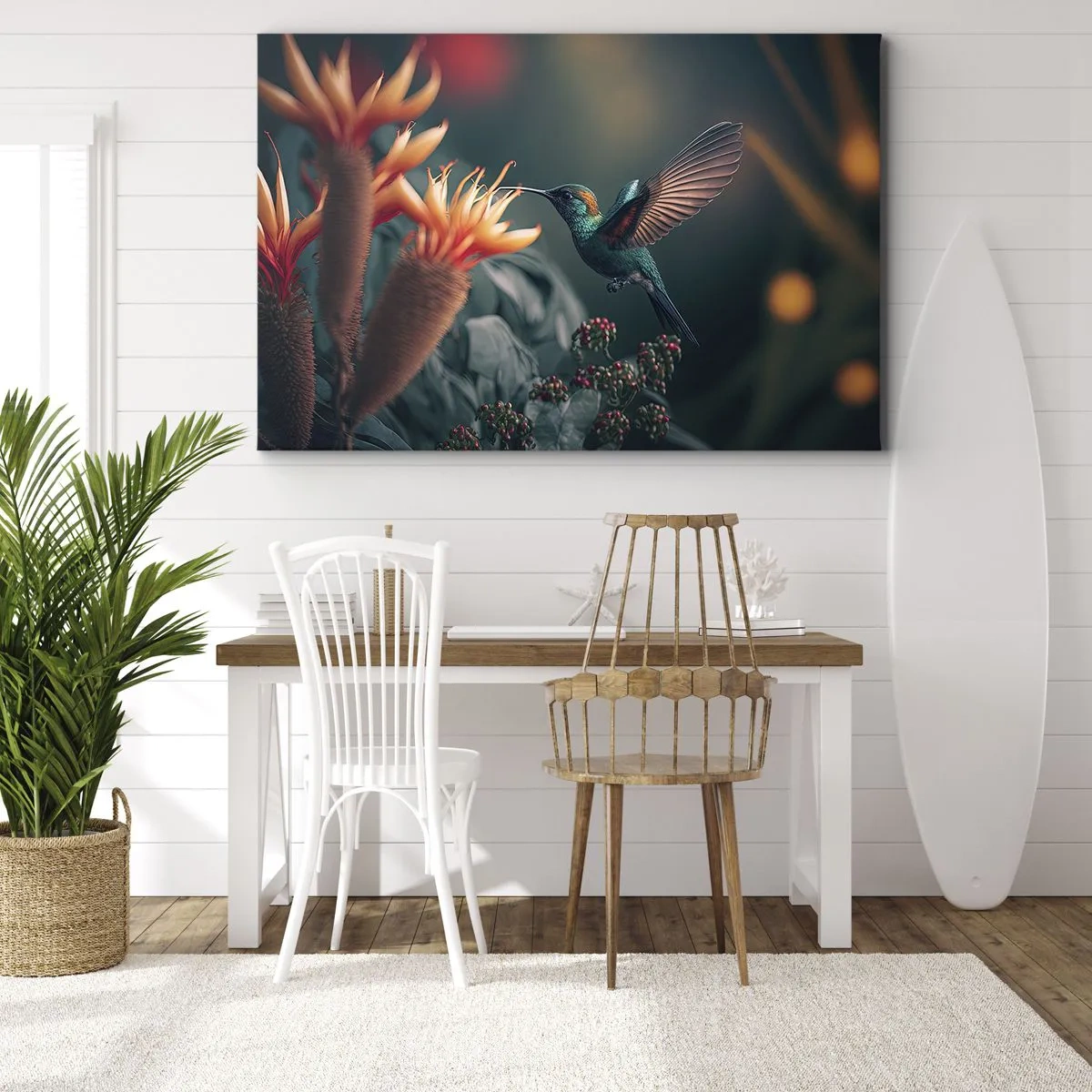 Bild auf Leinwand - Leinwandbild - Ein bunter Kolibri neben Blumen vor einem natürlichen Hintergrund - 70x50cm - Wirklich buntes Leben - Moderne Wanddekoration für Wohnzimmer und Schlafzimmer ARTTOR