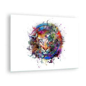 Glasbild - Bild auf glas - Farbenfrohes Löwenporträt im künstlerischen Stil mit abstrakten Akzenten - 70x50cm - Es lauert hinter einem Regenbogenschleier - Moderne Wanddekoration für Wohnzimmer und Schlafzimmer ARTTOR